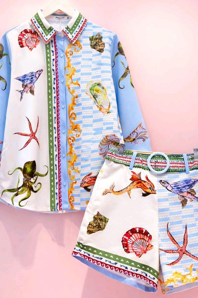 Shells ~ Blue Top & Short Co-Ord Set With Fish & Shells Fabric