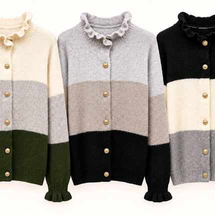 Soft Knit Frill Neck Cardigan With Contrasting Panels