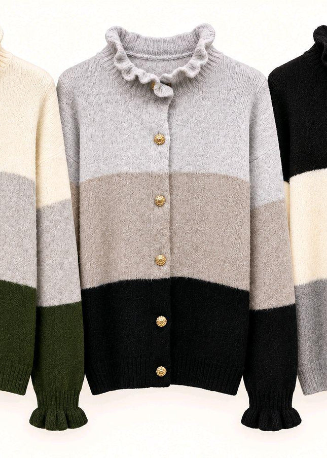 Soft Knit Frill Neck Cardigan With Contrasting Panels
