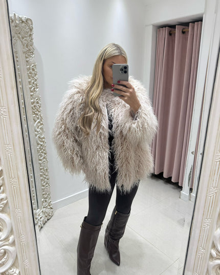 Aspen ~ Faux Mongolian Shaggy Fur Longline Jacket ~ Blush