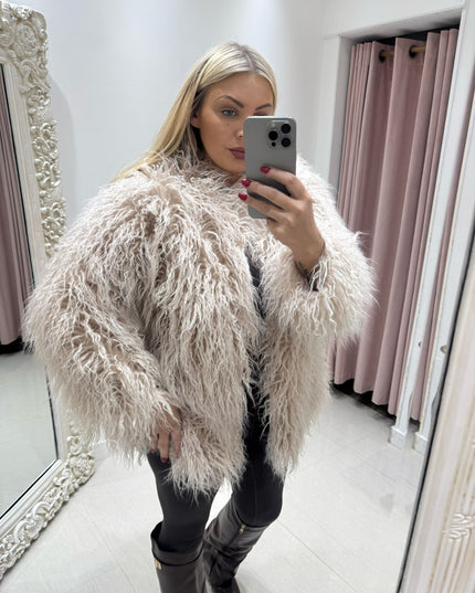 Aspen ~ Faux Mongolian Shaggy Fur Longline Jacket ~ Blush