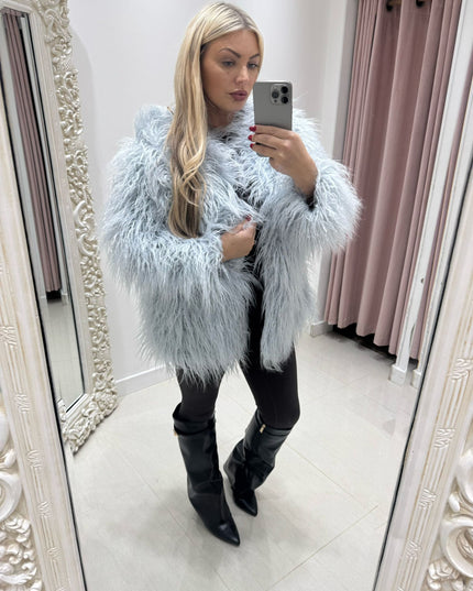 Aspen ~ Faux Mongolian Shaggy Fur Longline Jacket ~ Dusky Blue