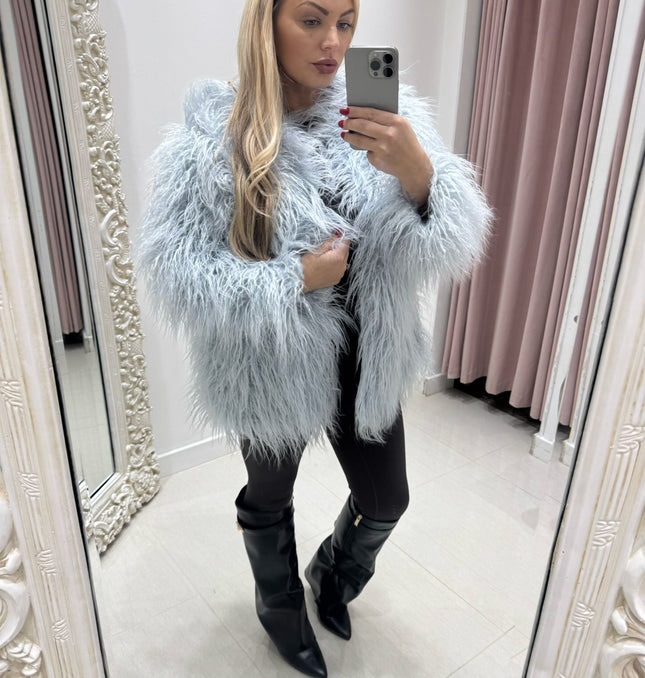 Aspen ~ Faux Mongolian Shaggy Fur Longline Jacket ~ Dusky Blue