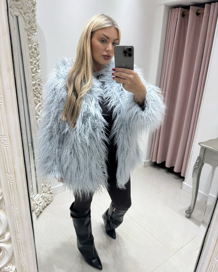 Aspen ~ Faux Mongolian Shaggy Fur Longline Jacket ~ Dusky Blue