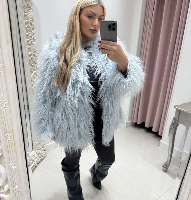 Aspen ~ Faux Mongolian Shaggy Fur Longline Jacket ~ Dusky Blue