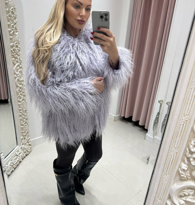 Aspen ~ Faux Mongolian Shaggy Fur Longline Jacket ~ Lilac