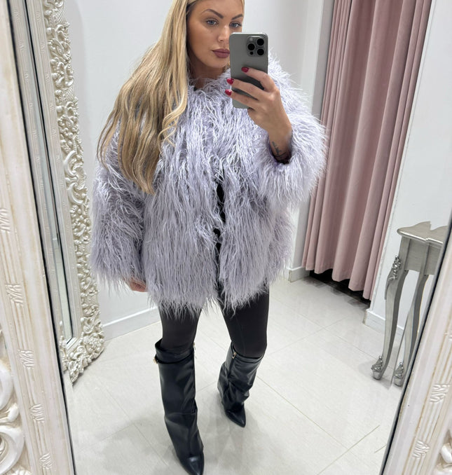 Aspen ~ Faux Mongolian Shaggy Fur Longline Jacket ~ Lilac