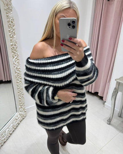 Deedee ~ Thick Knit Striped Bardot Soft Fluffy Jumper ~ Black & Grey