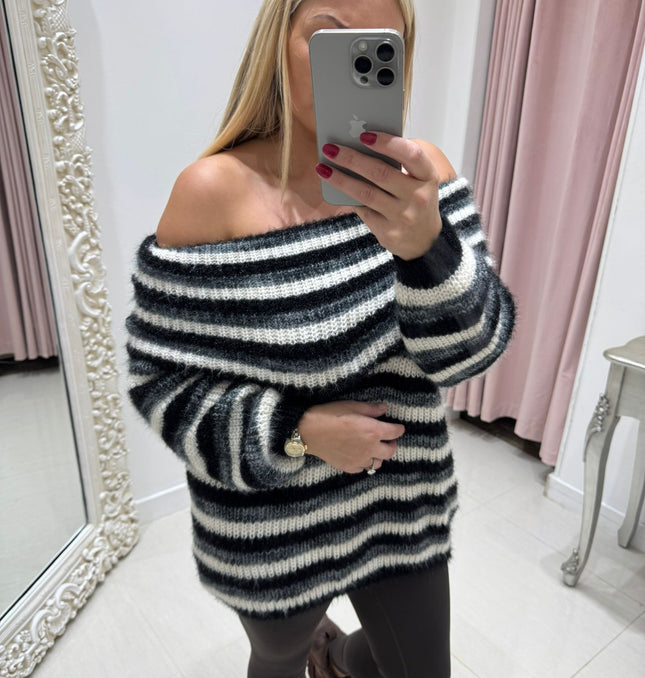 Deedee ~ Thick Knit Striped Bardot Soft Fluffy Jumper ~ Black & Grey