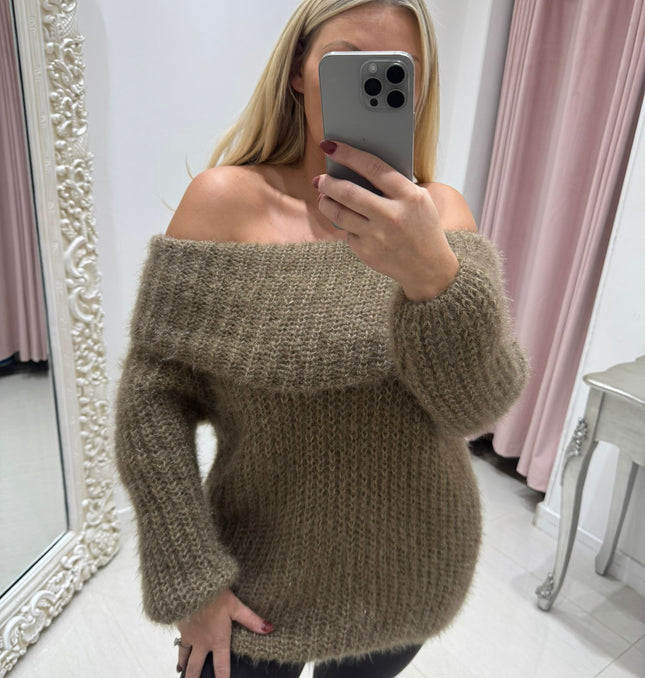 Connie ~ Luxury Knit Bardot Jumper ~ Mocha