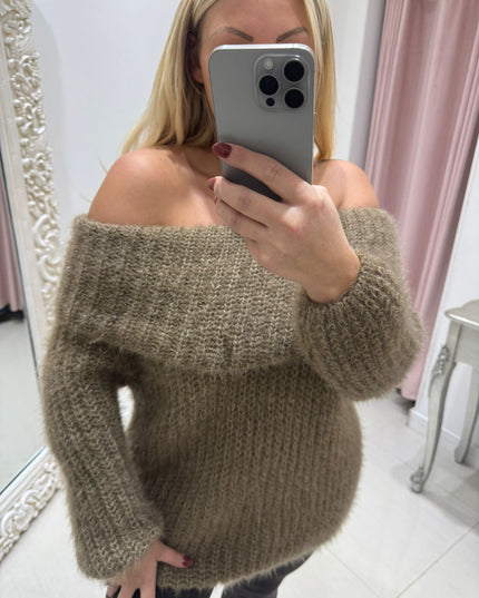 Connie ~ Luxury Knit Bardot Jumper ~ Mocha