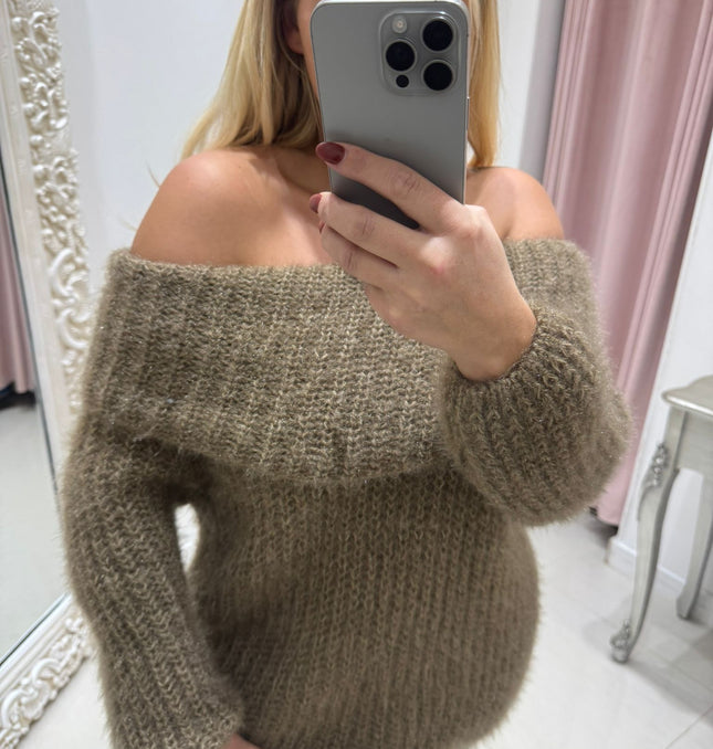 Connie ~ Luxury Knit Bardot Jumper ~ Mocha
