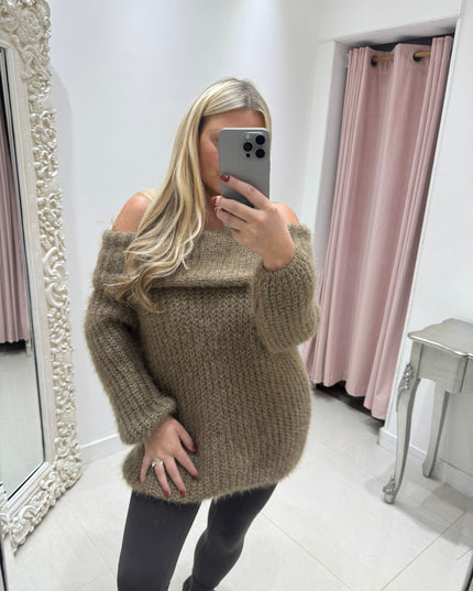 Connie ~ Luxury Knit Bardot Jumper ~ Mocha