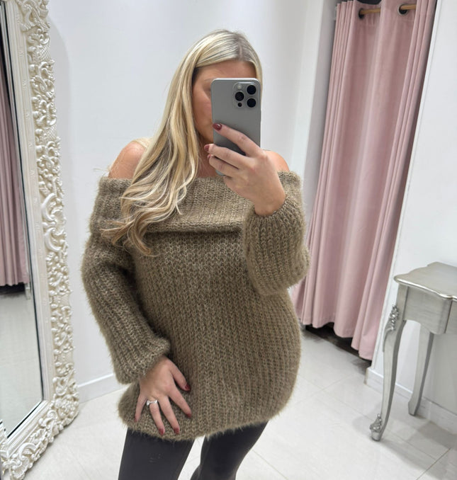 Connie ~ Luxury Knit Bardot Jumper ~ Mocha