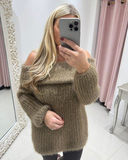 Connie ~ Luxury Knit Bardot Jumper ~ Mocha