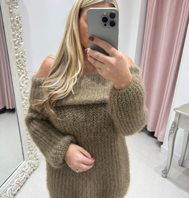 Connie ~ Luxury Knit Bardot Jumper ~ Mocha