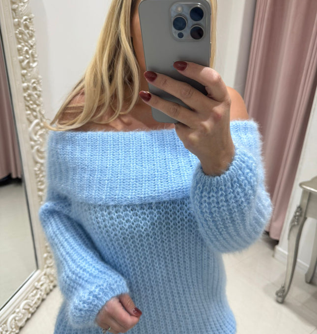 Connie ~ Luxury Knit Bardot Jumper ~ Baby Blue