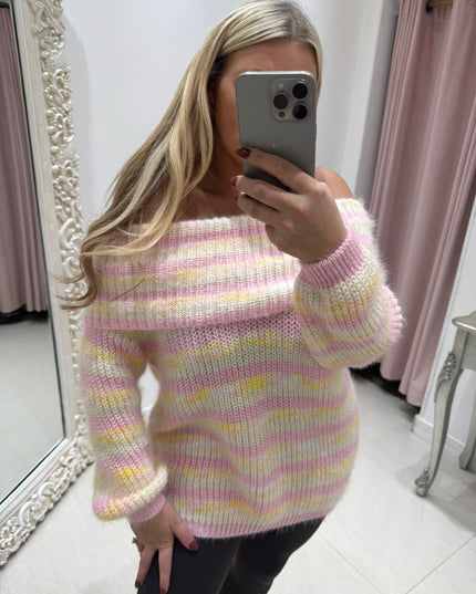 Deedee ~ Thick Knit Striped Bardot Soft Fluffy Jumper ~ Pink Mix
