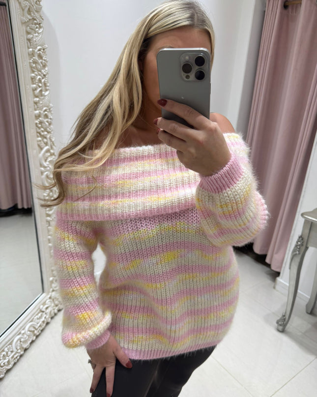 Deedee ~ Bardot Soft Fluffy Jumper ~ Pink Mix