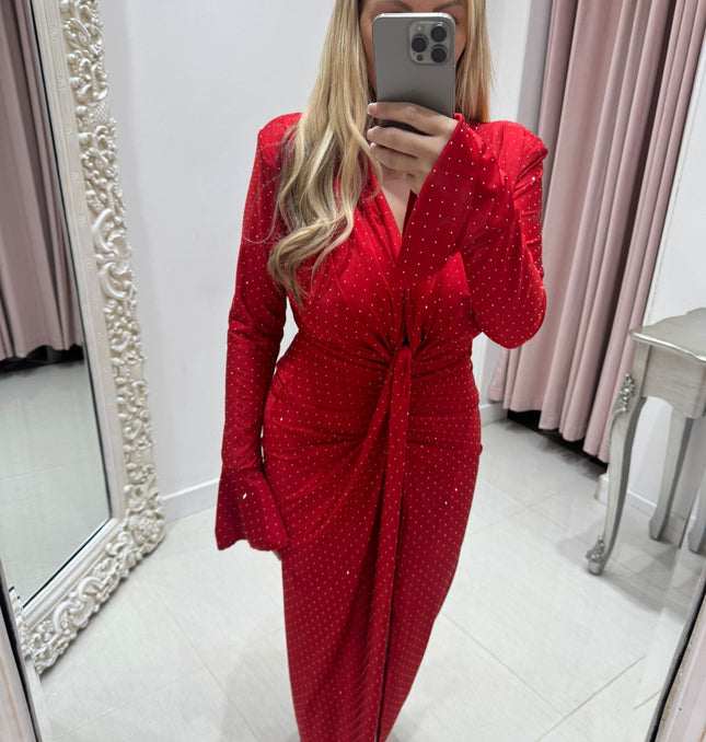 Angel ~ Diamante Sparkle Long Sleeve Knot Detail Midi Dress