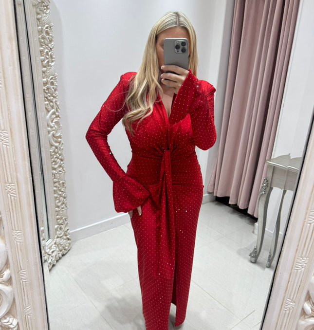 Angel ~ Diamante Sparkle Long Sleeve Knot Detail Midi Dress