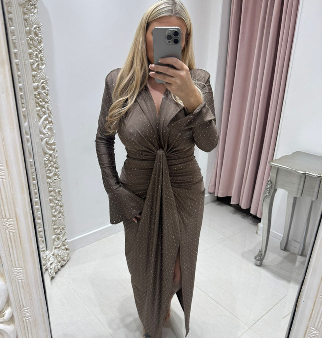 Angel ~ Diamante Sparkle Long Sleeve Knot Detail Midi Dress
