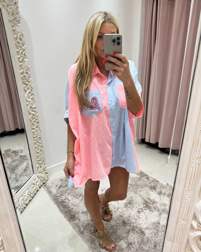 Bright Pink & Blue Striped Over Sized Long Shirt