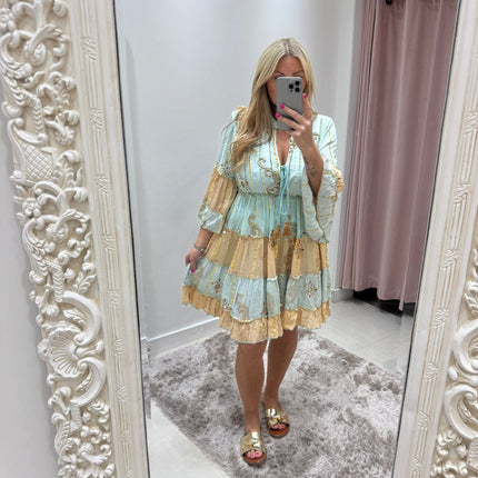 Kyra ~ Boho Embellished Short Dress Mint/Gold
