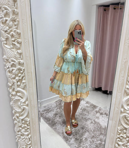 Kyra ~ Boho Embellished Short Dress Mint/Gold