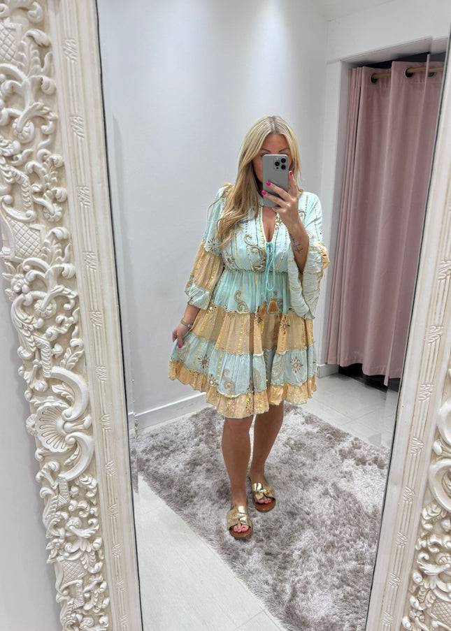 Kyra ~ Boho Embellished Short Dress Mint/Gold