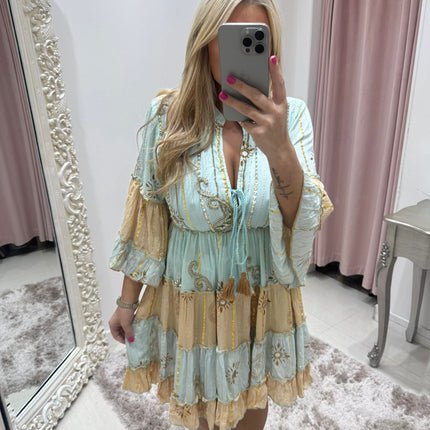 Kyra ~ Boho Embellished Short Dress Mint/Gold