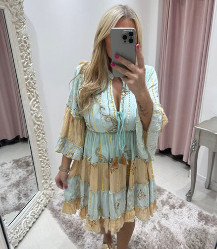 Kyra ~ Boho Embellished Short Dress Mint/Gold