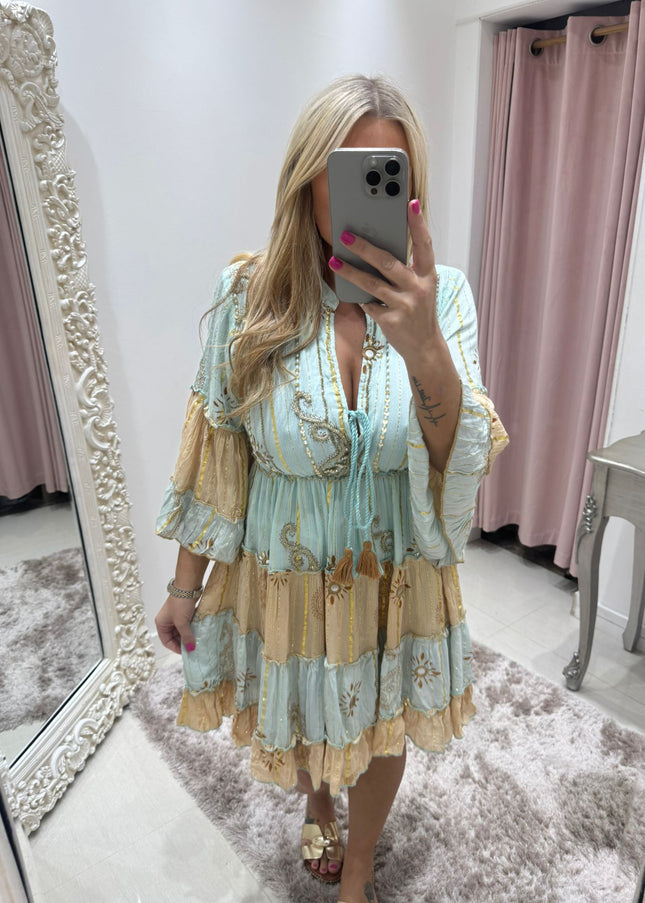 Kyra ~ Boho Embellished Short Dress Mint/Gold