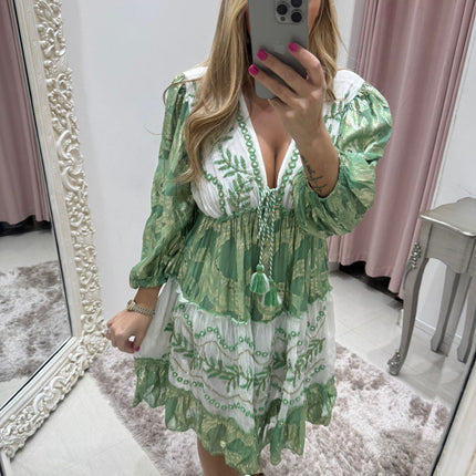 Indiana ~ Green Boho Embellished Dress