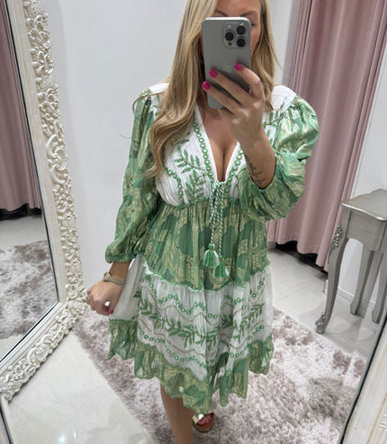Indiana ~ Green Boho Silk Effect Highly Embellished Dress