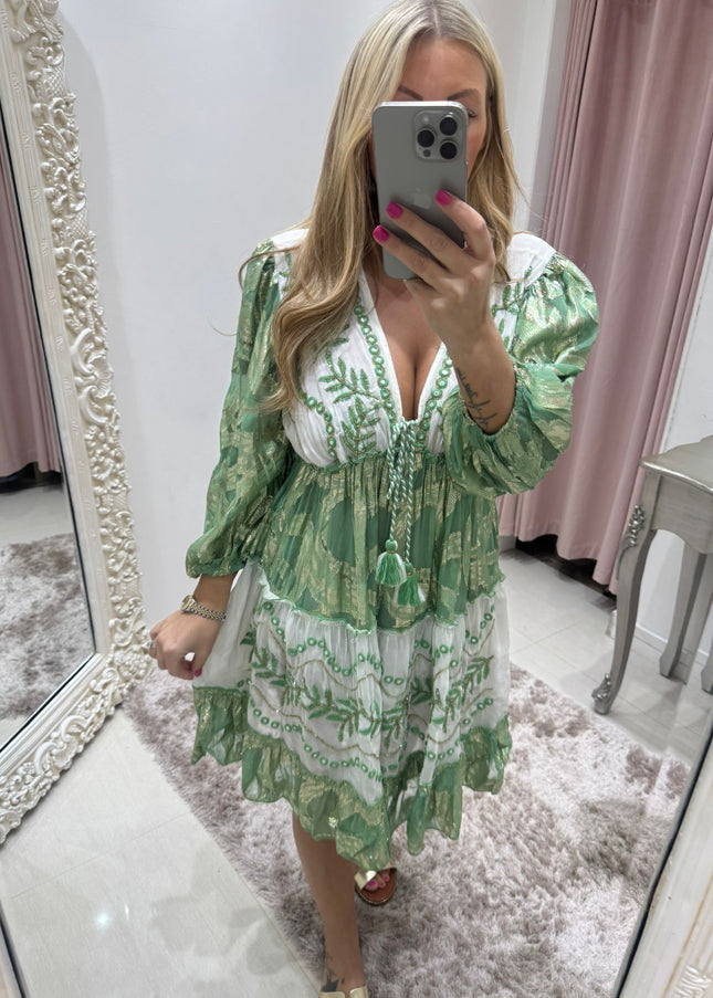 Indiana ~ Green Boho Embellished Dress