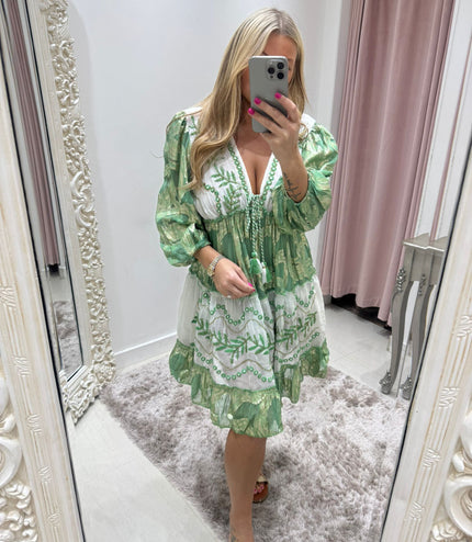 Indiana ~ Green Boho Silk Effect Highly Embellished Dress