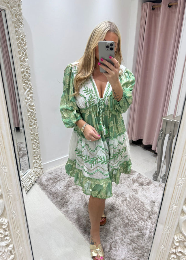 Indiana ~ Green Boho Embellished Dress