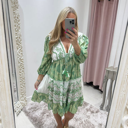 Indiana ~ Green Boho Embellished Dress