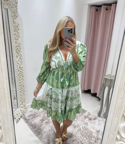 Indiana ~ Green Boho Silk Effect Highly Embellished Dress