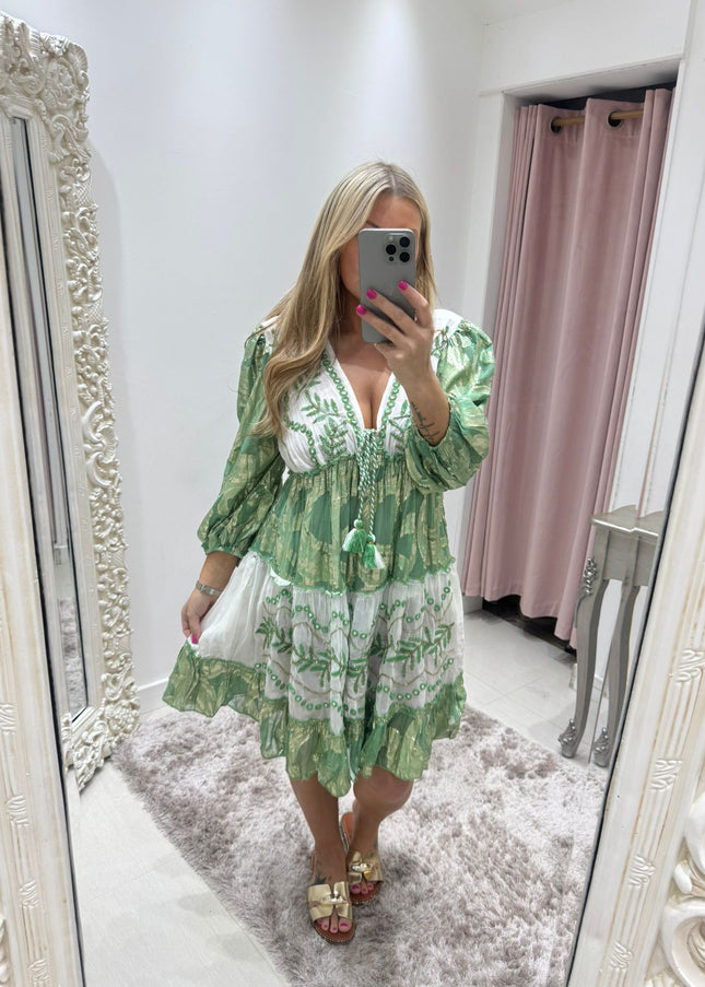 Indiana ~ Green Boho Embellished Dress