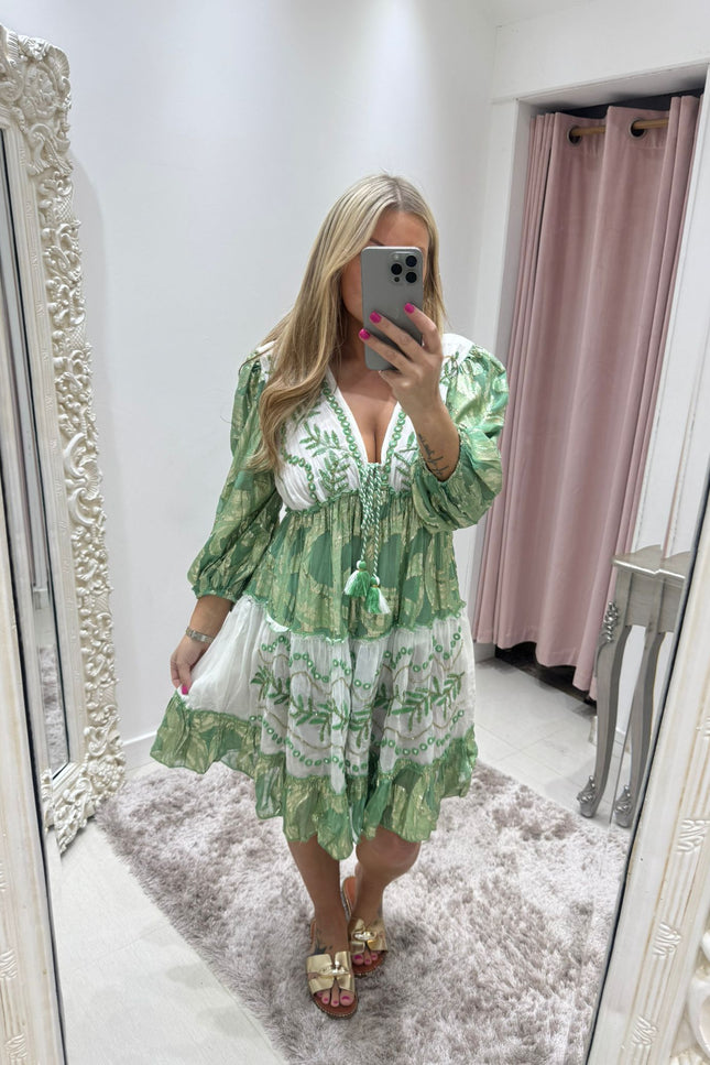 Indiana ~ Green Boho Embellished Dress