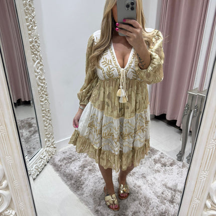 Indiana ~ Gold Boho Embellished Dress