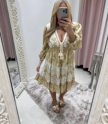 Indiana ~ Gold Boho Silk Effect Highly Embellished Dress