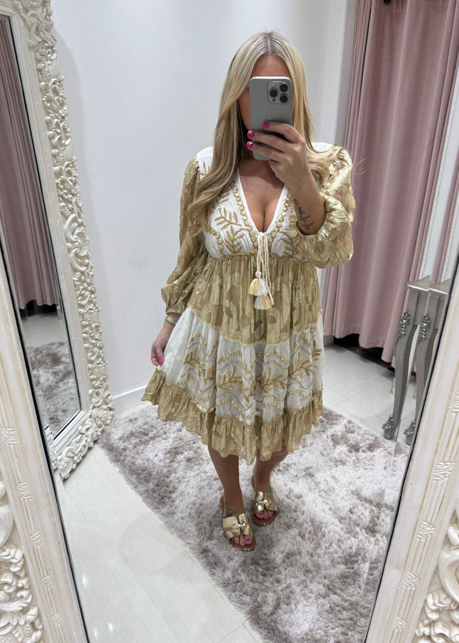 Indiana ~ Gold Boho Embellished Dress
