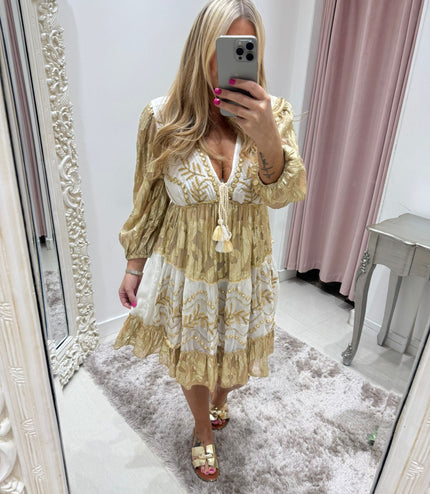 Indiana ~ Gold Boho Silk Effect Highly Embellished Dress