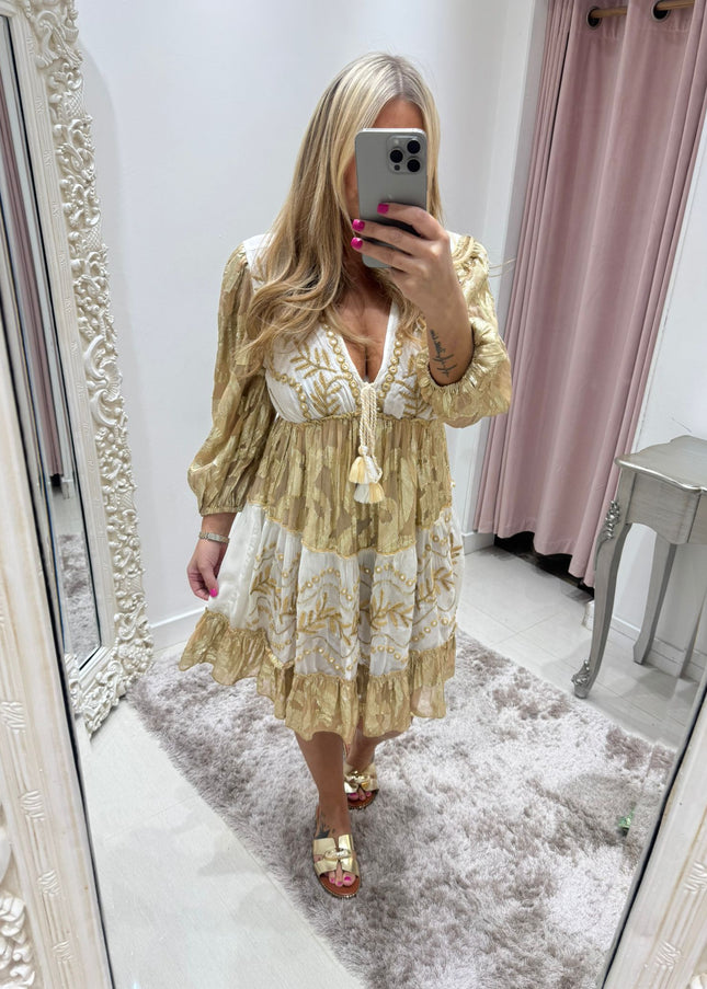 Indiana ~ Gold Boho Embellished Dress