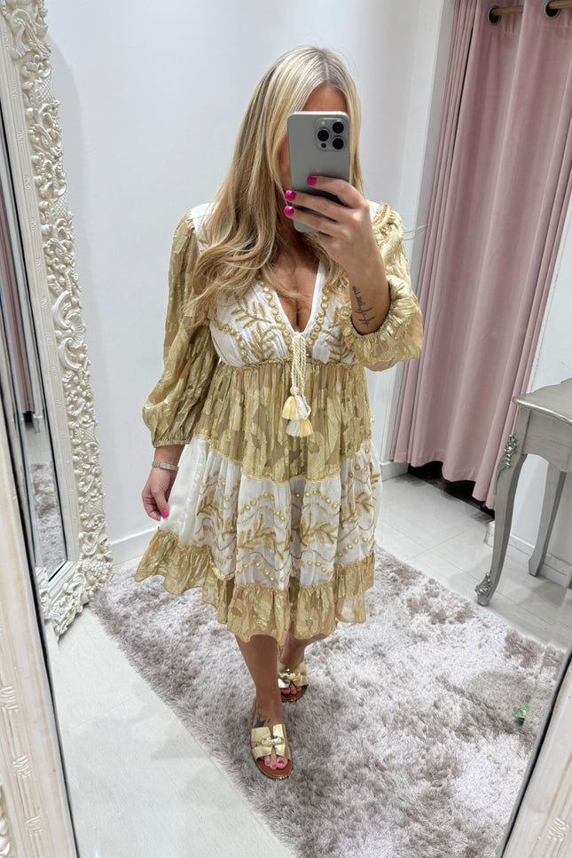 Indiana ~ Gold Boho Embellished Dress