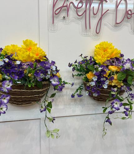 Pair of Wall Mounted Raffia Baskets Filled With Yellow & Purple Flowers ~ Artificial