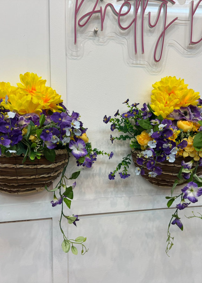 2 Wall Baskets ~ Yellow & Purple Flowers